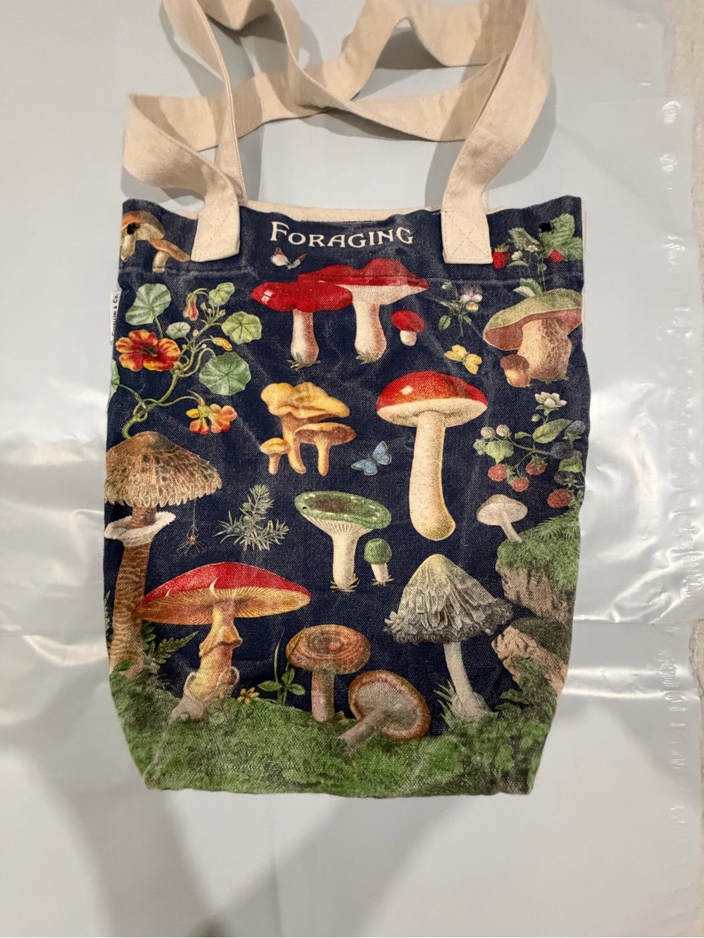 Foraging Mushroom Canvas Tote Bag in Navy with Neutral Straps